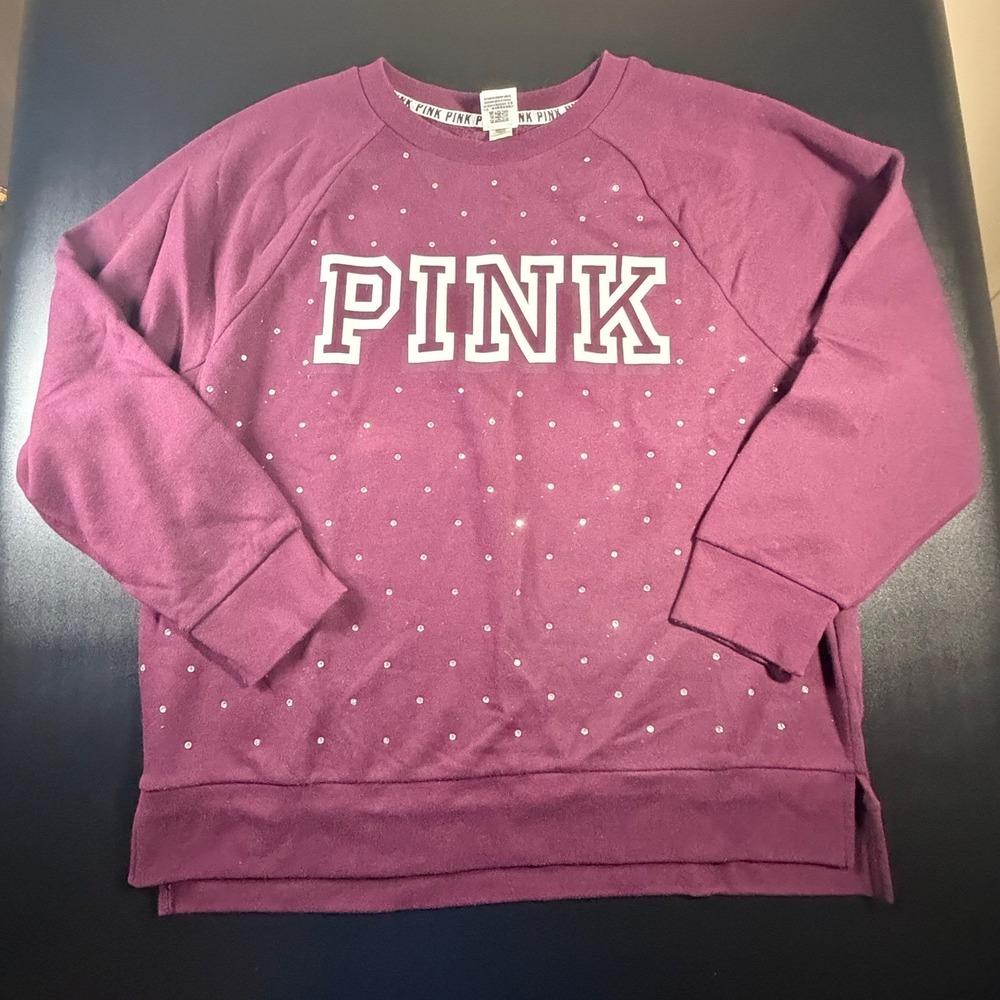 Pink Victoria's Secret Rhinestone Logo Sweatshirt Plum Purple Large Raglan Crew